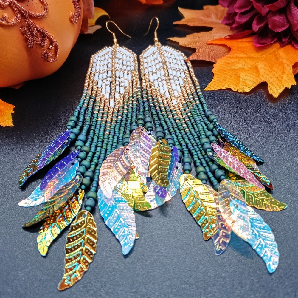 Shimmery Leaf Beaded Fringe Earrings